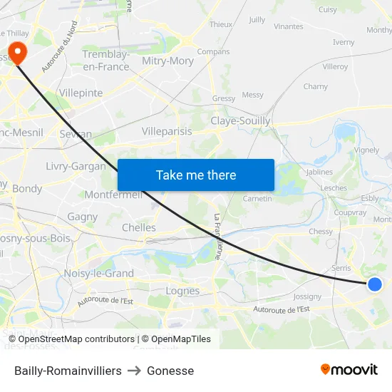 Bailly-Romainvilliers to Gonesse map