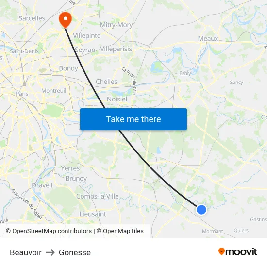 Beauvoir to Gonesse map