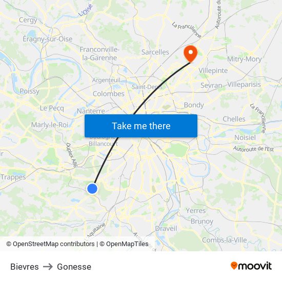 Bievres to Gonesse map