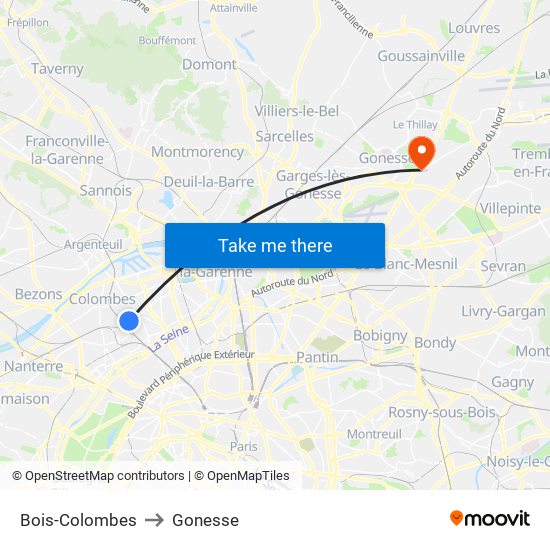 Bois-Colombes to Gonesse map