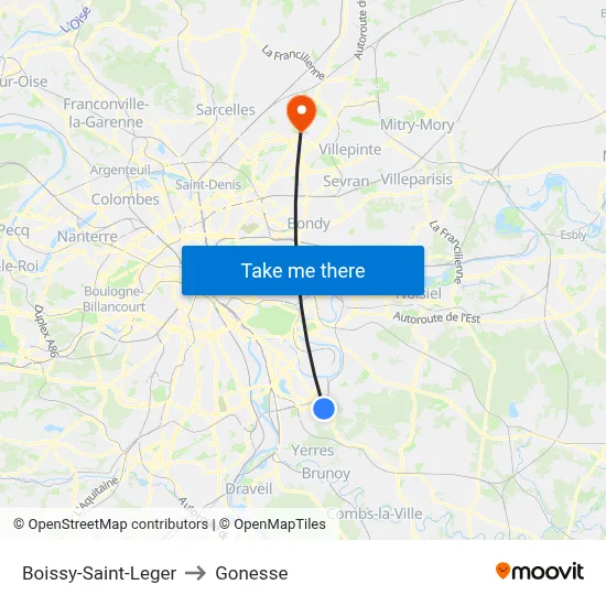 Boissy-Saint-Leger to Gonesse map