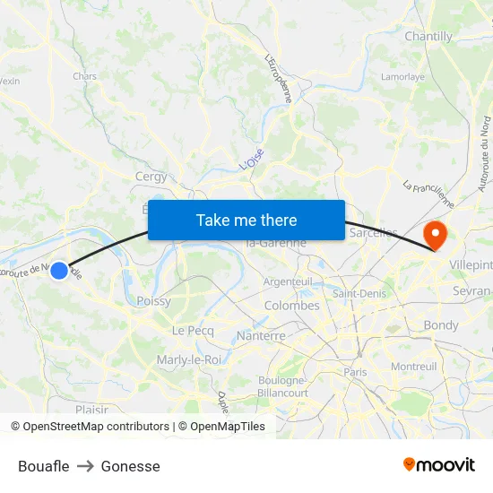 Bouafle to Gonesse map