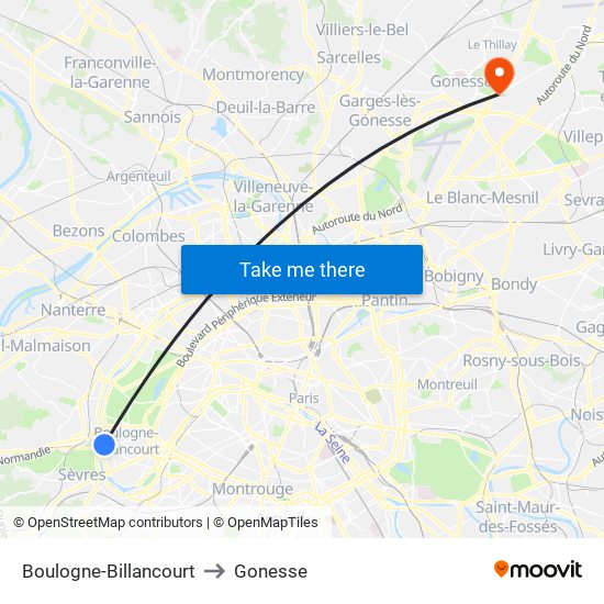 Boulogne-Billancourt to Gonesse map