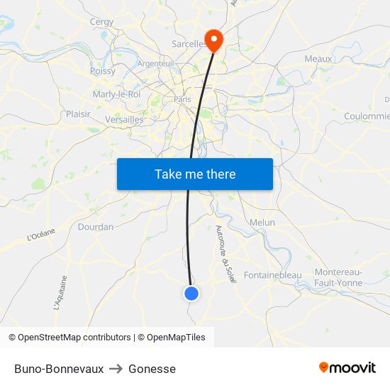Buno-Bonnevaux to Gonesse map