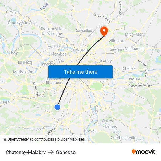 Chatenay-Malabry to Gonesse map