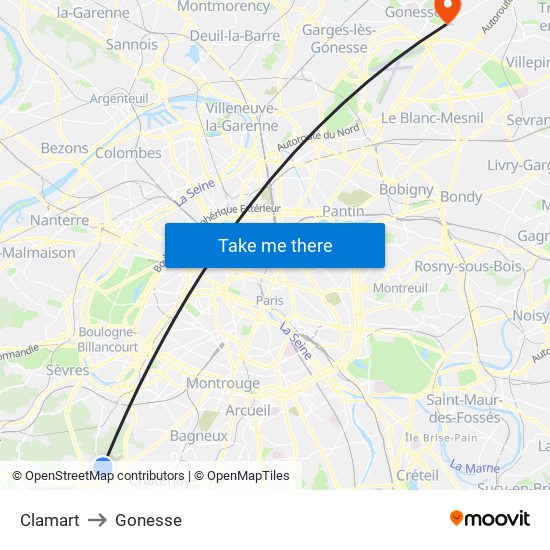 Clamart to Gonesse map