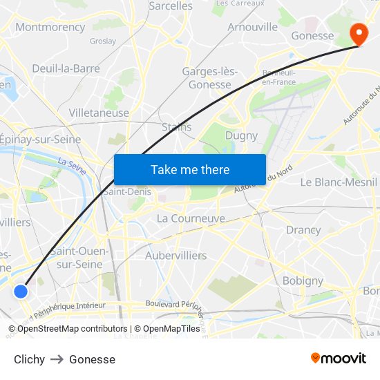 Clichy to Gonesse map