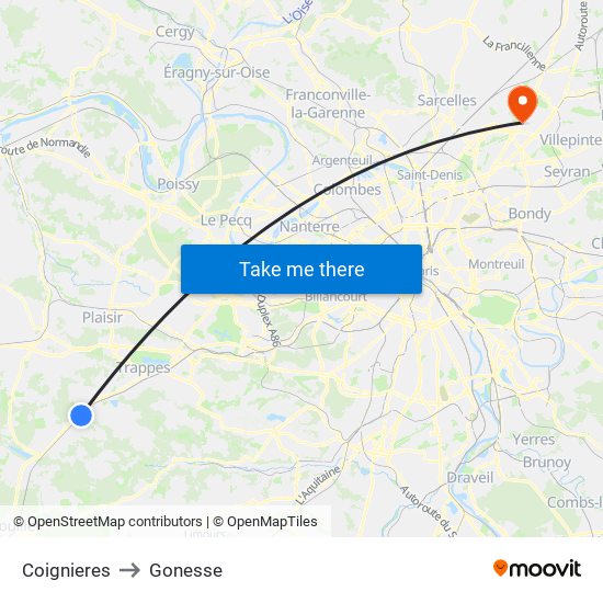 Coignieres to Gonesse map