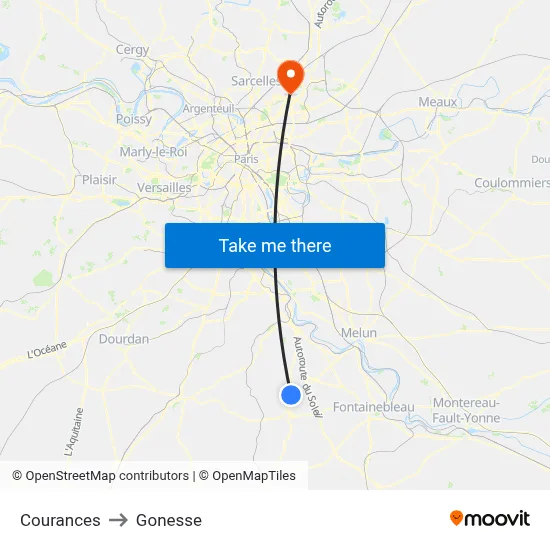 Courances to Gonesse map