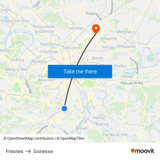 Fresnes to Gonesse map