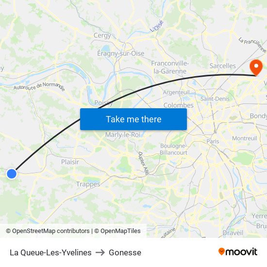 La Queue-Les-Yvelines to Gonesse map