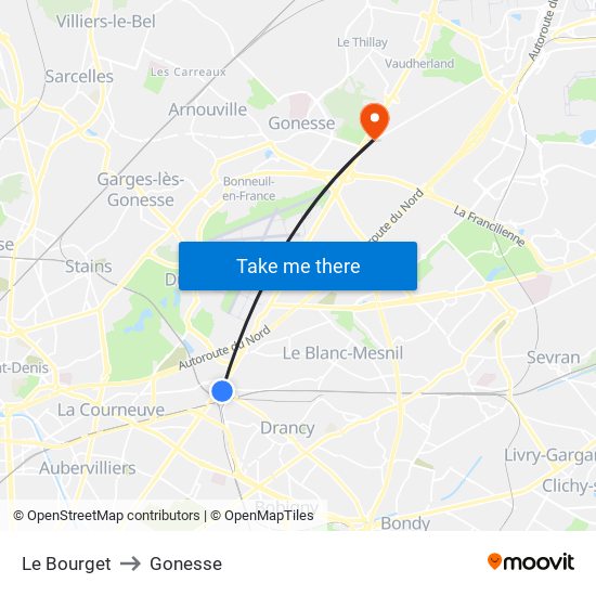 Le Bourget to Gonesse map