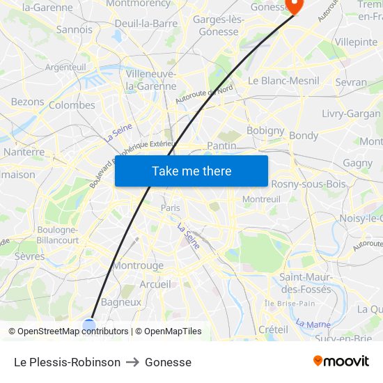 Le Plessis-Robinson to Gonesse map