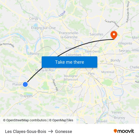 Les Clayes-Sous-Bois to Gonesse map