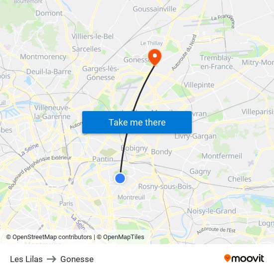 Les Lilas to Gonesse map