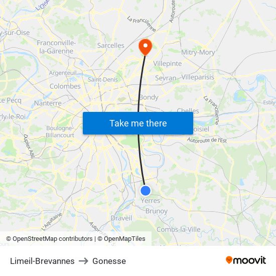 Limeil-Brevannes to Gonesse map