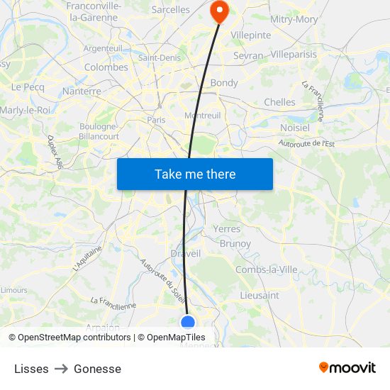 Lisses to Gonesse map