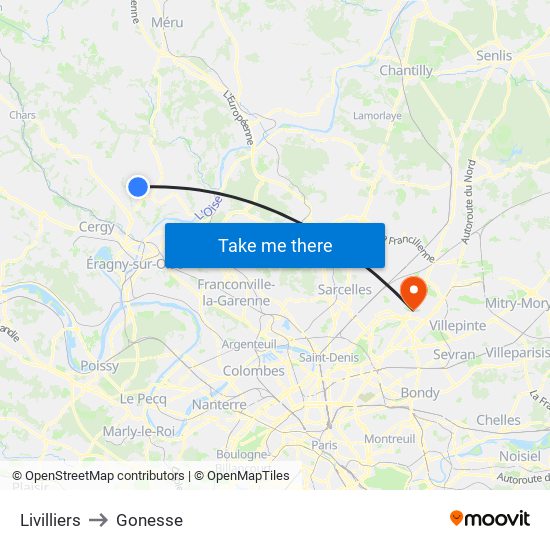 Livilliers to Gonesse map
