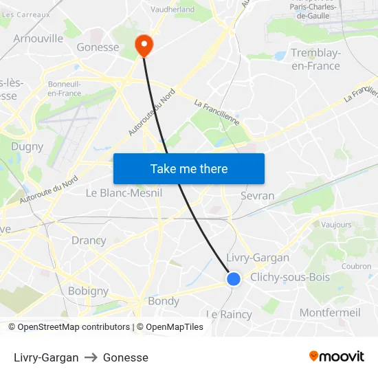 Livry-Gargan to Gonesse map