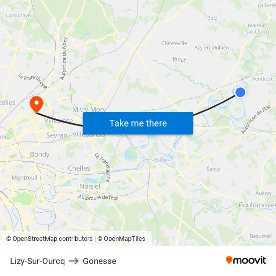 Lizy-Sur-Ourcq to Gonesse map