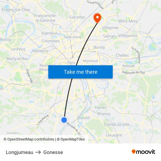 Longjumeau to Gonesse map