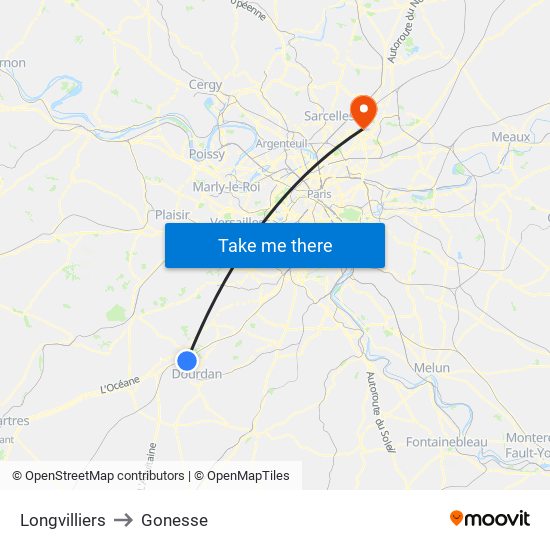 Longvilliers to Gonesse map