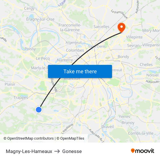 Magny-Les-Hameaux to Gonesse map