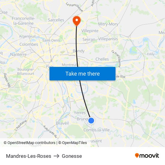 Mandres-Les-Roses to Gonesse map