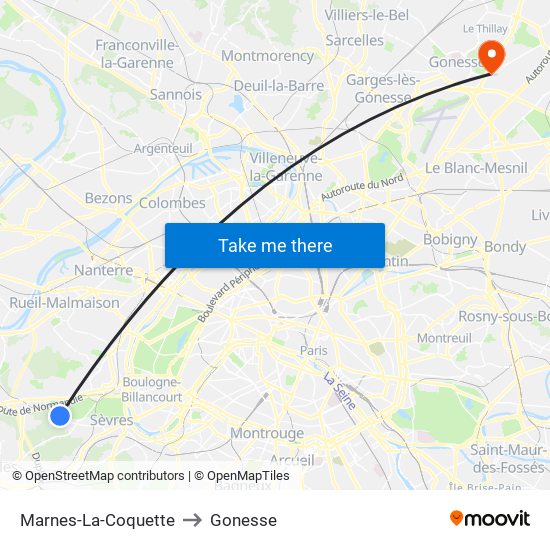 Marnes-La-Coquette to Gonesse map