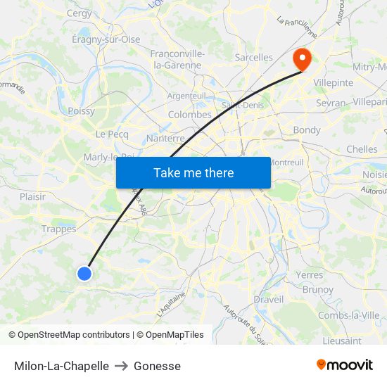 Milon-La-Chapelle to Gonesse map