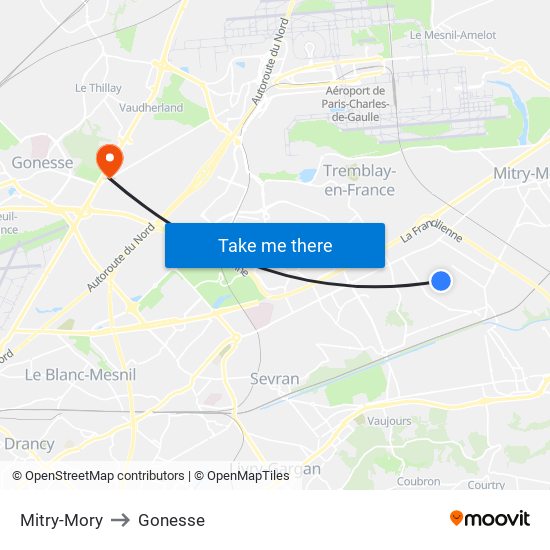 Mitry-Mory to Gonesse map