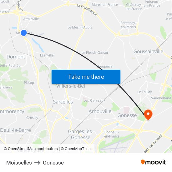 Moisselles to Gonesse map