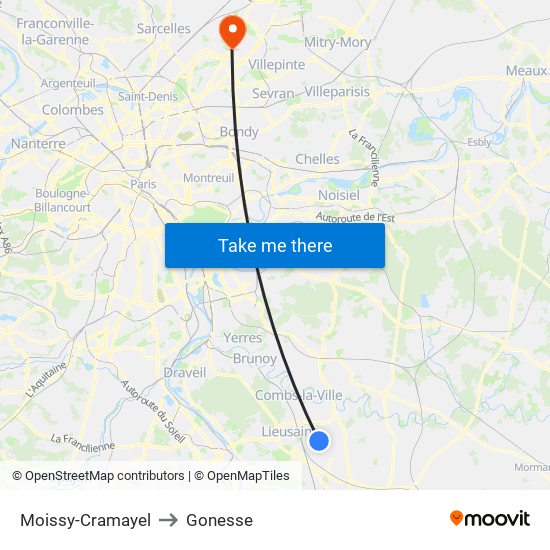 Moissy-Cramayel to Gonesse map