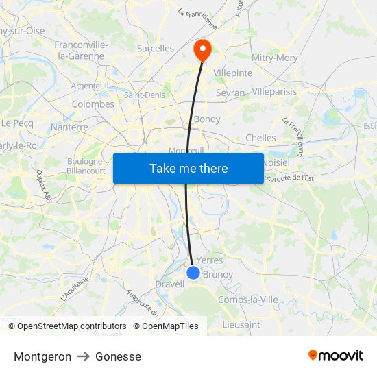 Montgeron to Gonesse map