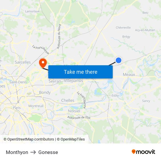 Monthyon to Gonesse map