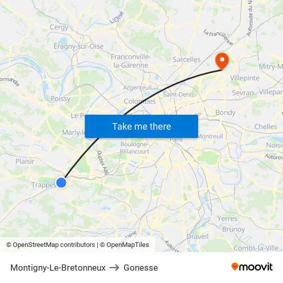 Montigny-Le-Bretonneux to Gonesse map