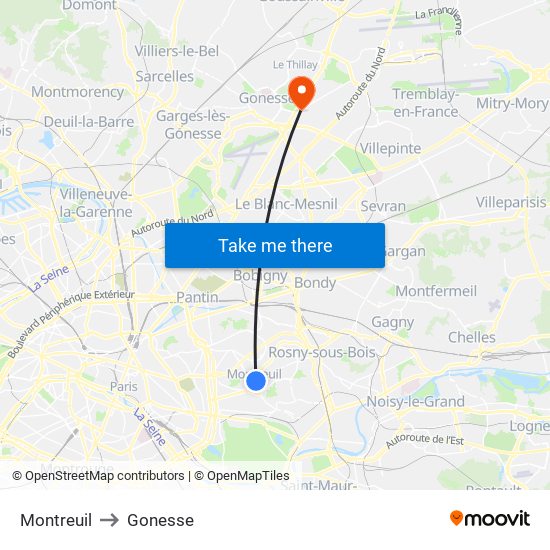 Montreuil to Gonesse map