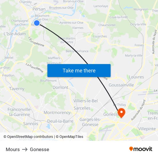 Mours to Gonesse map