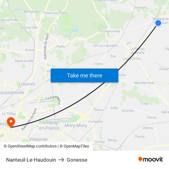 Nanteuil-Le-Haudouin to Gonesse map