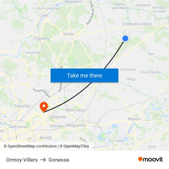 Ormoy-Villers to Gonesse map