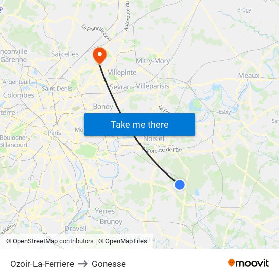 Ozoir-La-Ferriere to Gonesse map