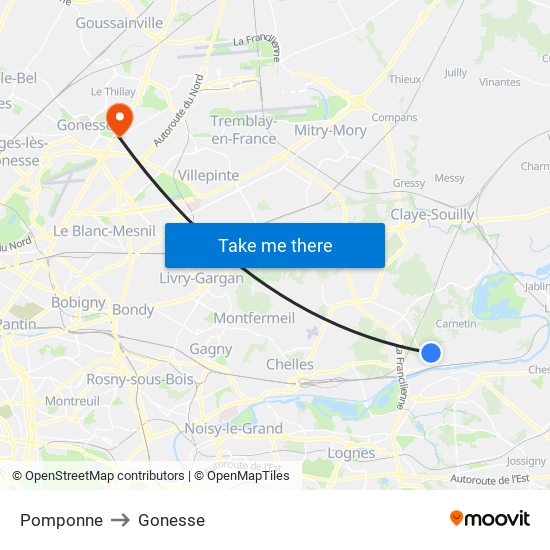 Pomponne to Gonesse map