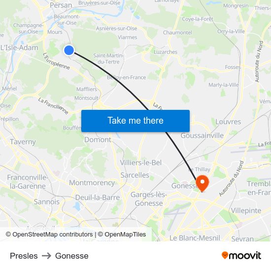 Presles to Gonesse map