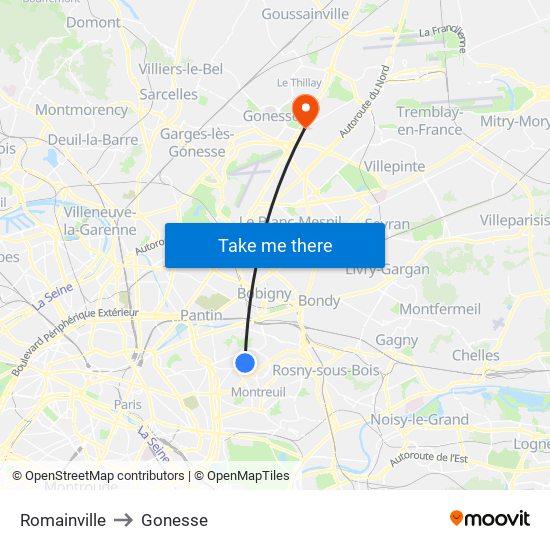 Romainville to Gonesse map