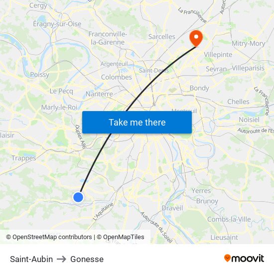 Saint-Aubin to Gonesse map