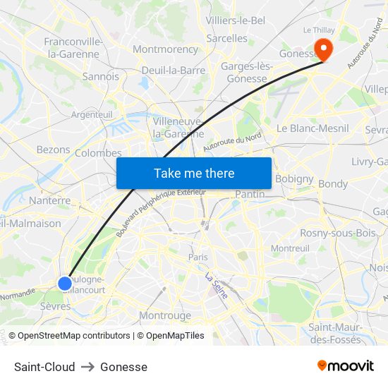 Saint-Cloud to Gonesse map