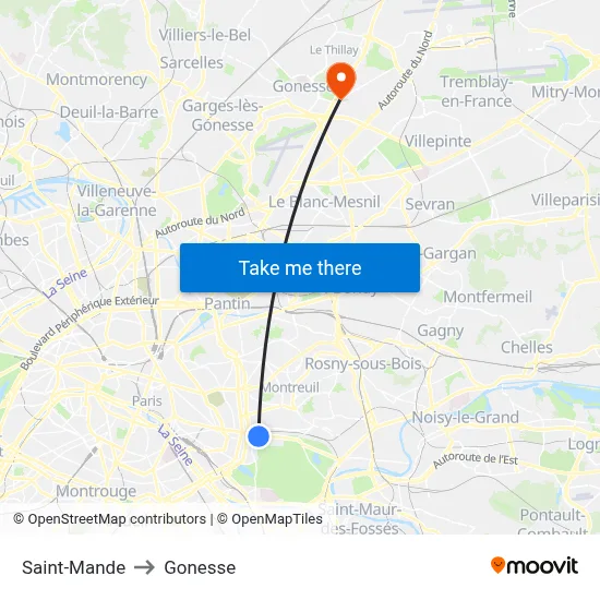 Saint-Mande to Gonesse map