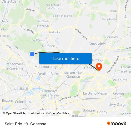 Saint-Prix to Gonesse map