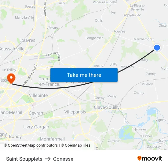 Saint-Soupplets to Gonesse map