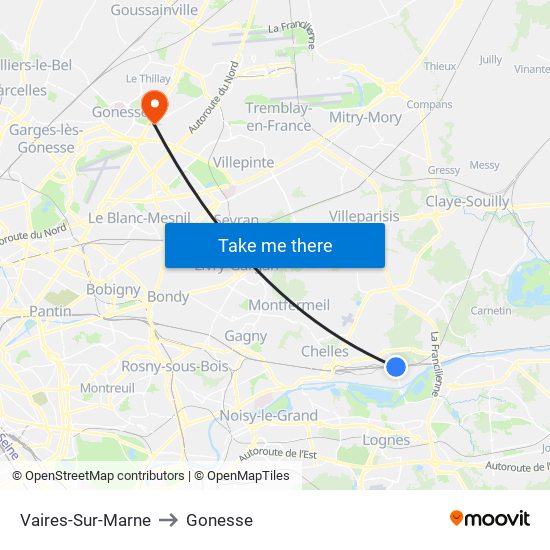 Vaires-Sur-Marne to Gonesse map